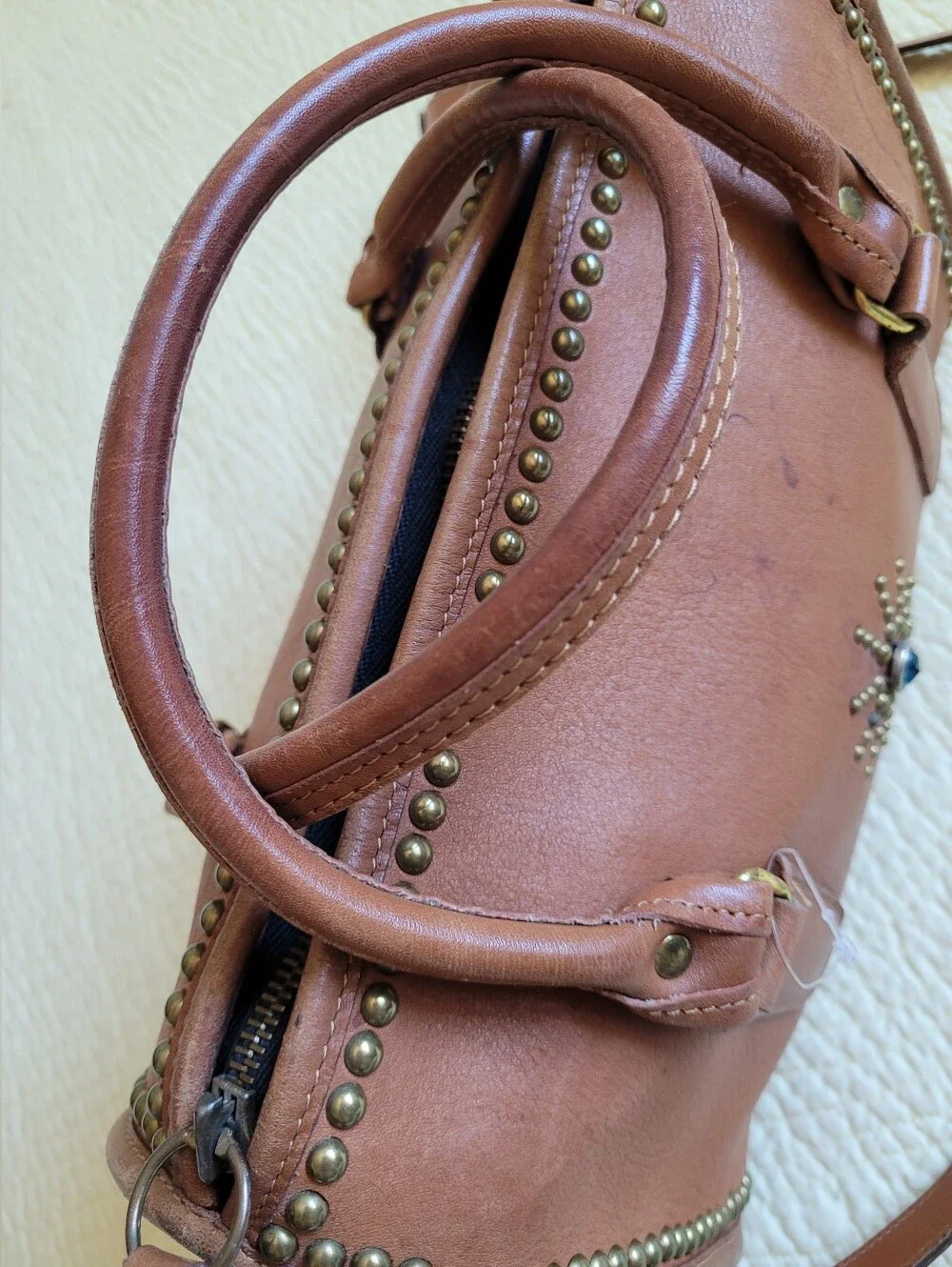 Coach Tan Leather Satchel with Turquoise Sunburst Accent - Picture 13 of 16
